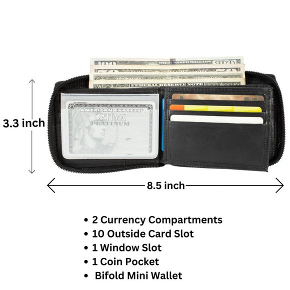 Men Wallet Leather ID Money Organizer Zipper Closure Black Bifold Wallet - Picture 2 of 14